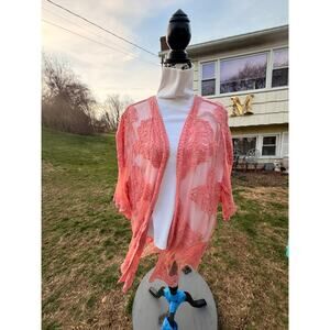 peach pink coral sheer lace kimono tunic cardigan